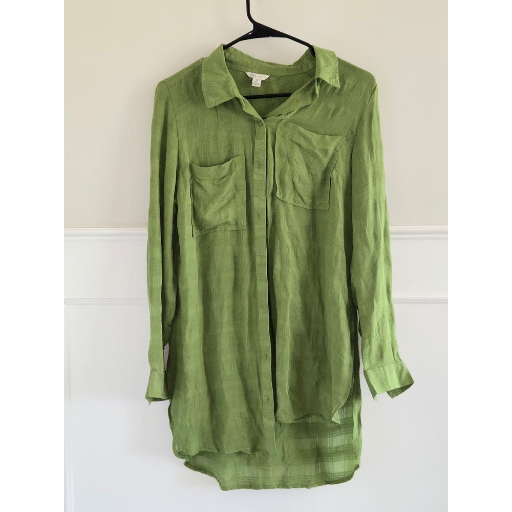 Cato Green Textured Rayon Button Down Longline Tunic Shirt Womens Medium RN37080